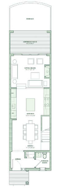 Floor plan of a rectangular home—ideal for Hamptons residences—showing a foyer, powder room, dining area, kitchen, living room, covered porch, and terrace from bottom to top.