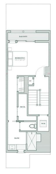 Floor plan of a rectangular apartment—ideal for Hamptons residences—featuring a bedroom with balcony, bathroom, laundry area, mechanical room, and closet along a central hallway.