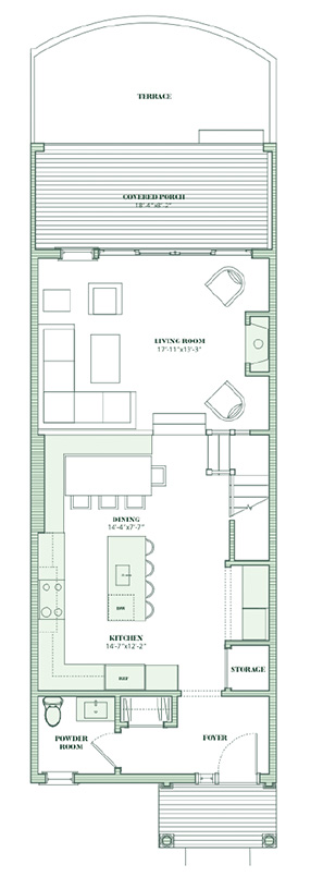 Floor plan of a narrow house inspired by Hamptons residences, featuring a foyer, powder room, kitchen, dining area, living room, covered porch, storage, and terrace in a linear arrangement from front to back.