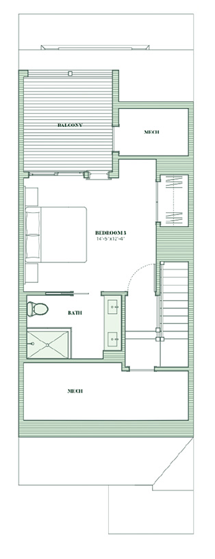 Floor plan of a Hamptons residence featuring a bedroom with balcony, bathroom with shower and double sinks, two mechanical rooms, and stairway—an ideal choice among places to live in the Hamptons.
