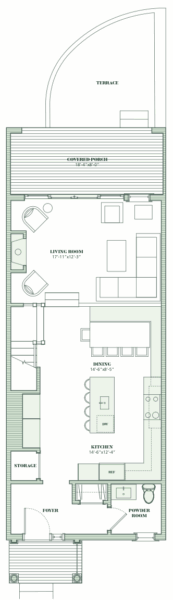 Floor plan of a house featuring a foyer, powder room, storage, kitchen with island, dining area, living room, covered porch, and terrace—ideal for those seeking Hamptons residences or unique places to stay in the Hamptons.
