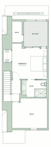 Second floor plan featuring a bedroom, bathroom, two mechanical rooms, stairway, and a balcony—perfect for those seeking stylish places to stay Hamptons or inspired by luxurious Hamptons residences.